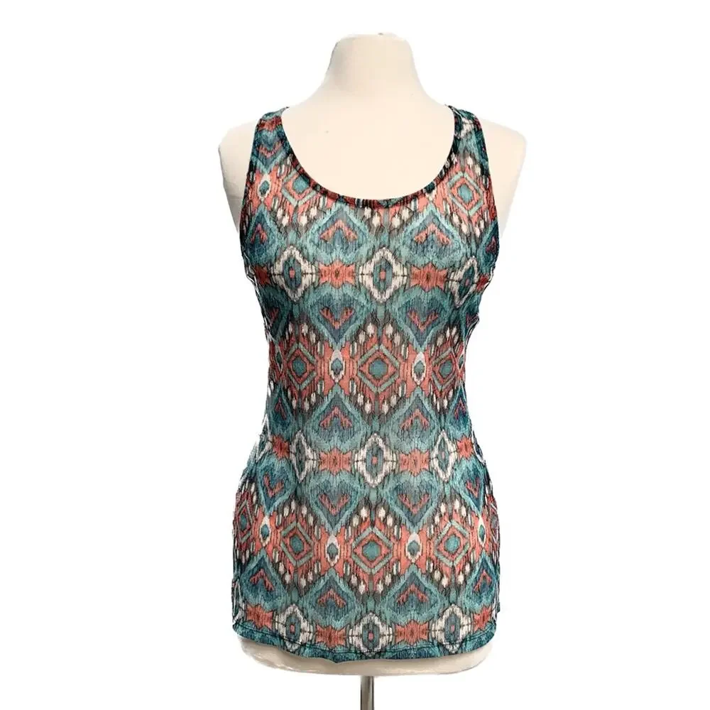 Boho Aztec Sheer Lace Racerback Top - Picture 1 of 8